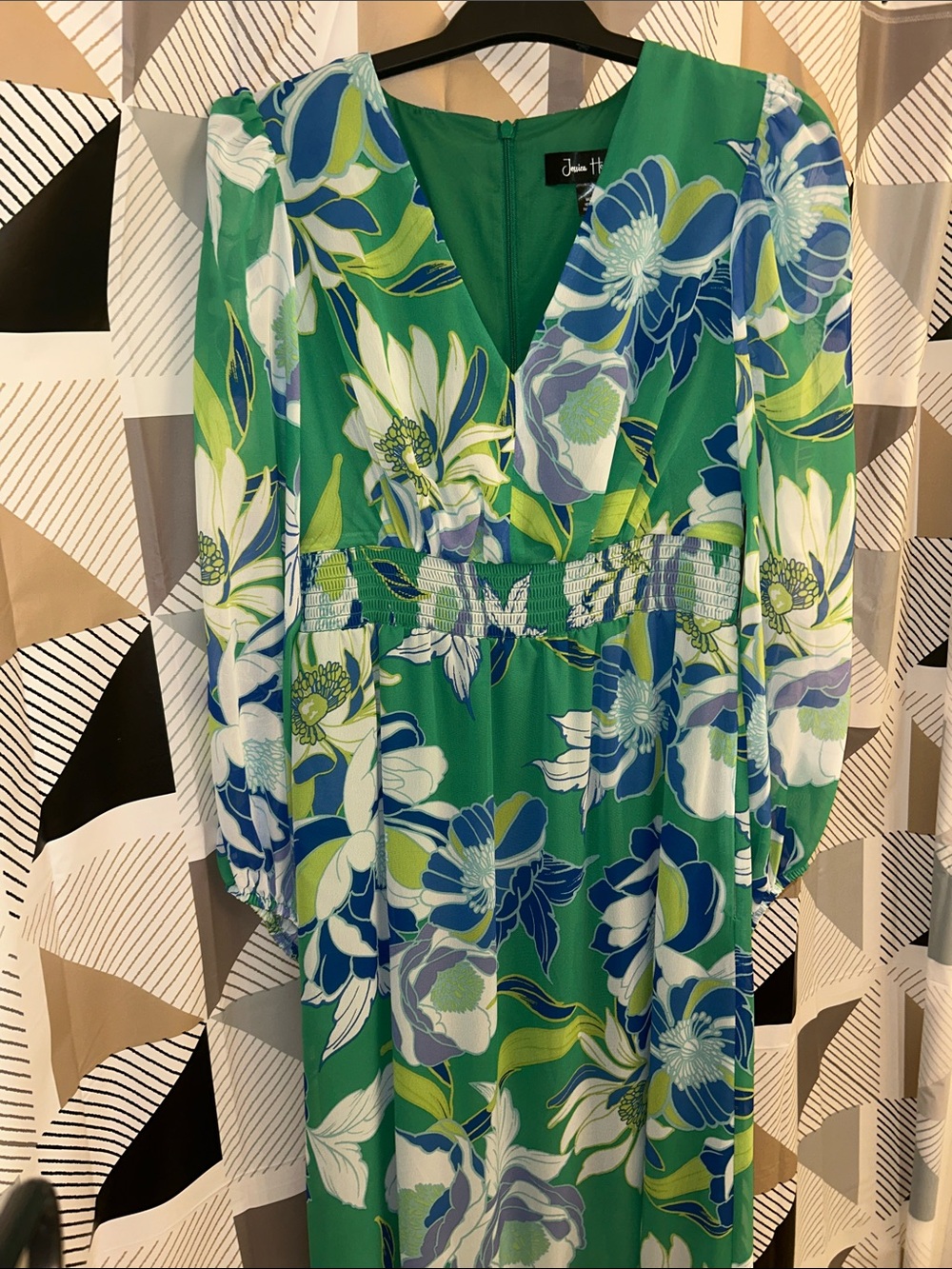 Jessica Howard Green Blue Floral Long Sleeve Maxi Dress NWT